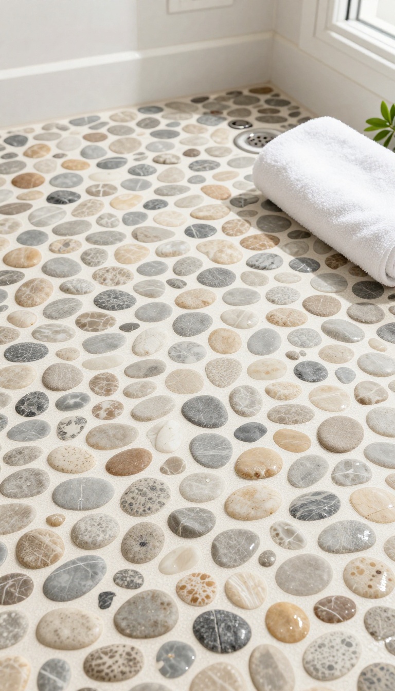 Small bathroom floor with natural pebble mosaic tiles in neutral gray and tan tones under bright natural light