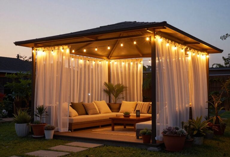 Enclosed backyard gazebo with curtains and warm lighting for cozy privacy