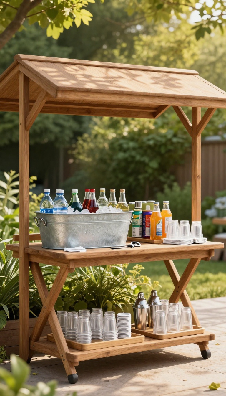 Backyard beverage station with ice bucket, canned drinks, cups, and cocktail supplies on a shaded patio table