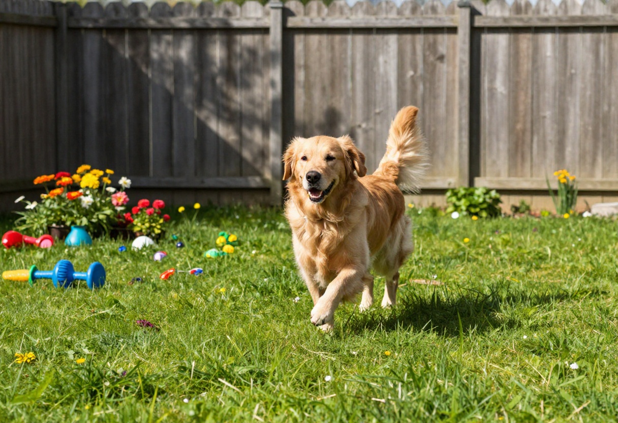 Happy dog running in a backyard with a tall wooden privacy fence.
