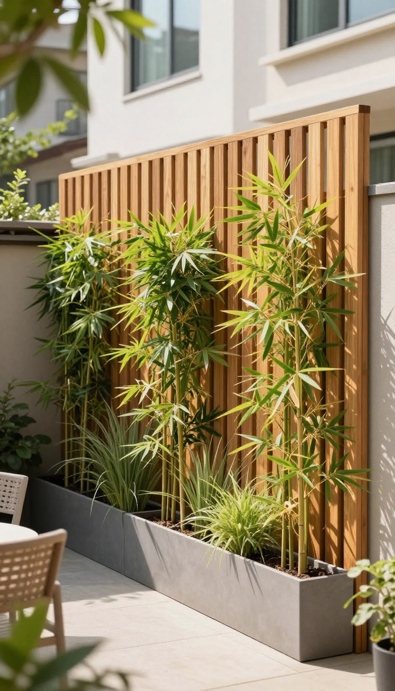 Freestanding slatted wood privacy screen and tall planter wall creating privacy in a small townhome backyard