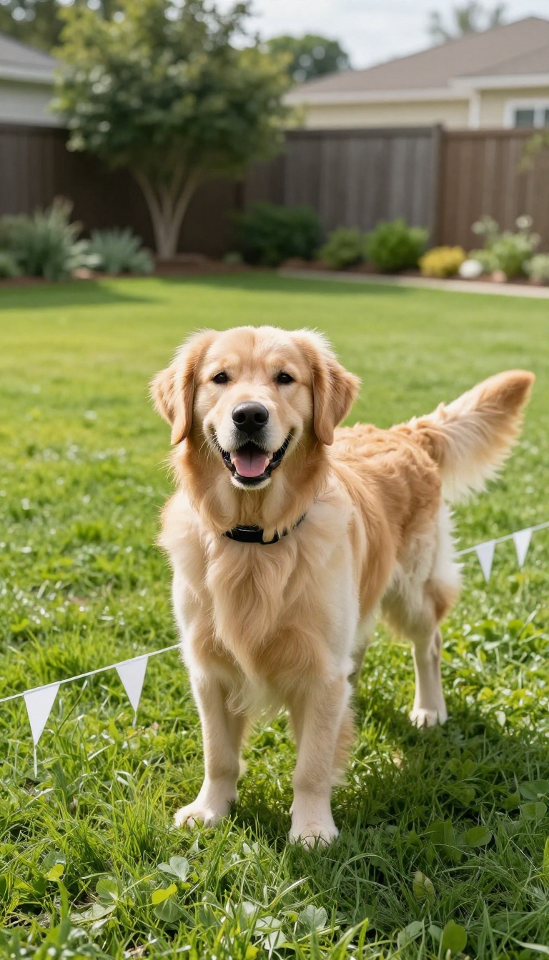 Dog wearing a receiver collar standing at a flagged invisible boundary in a sunny backyard lawn