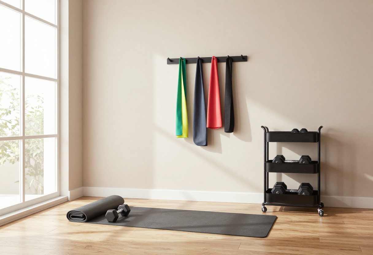 Small bedroom corner with a home gym setup including a mat, dumbbells, and resistance bands.
