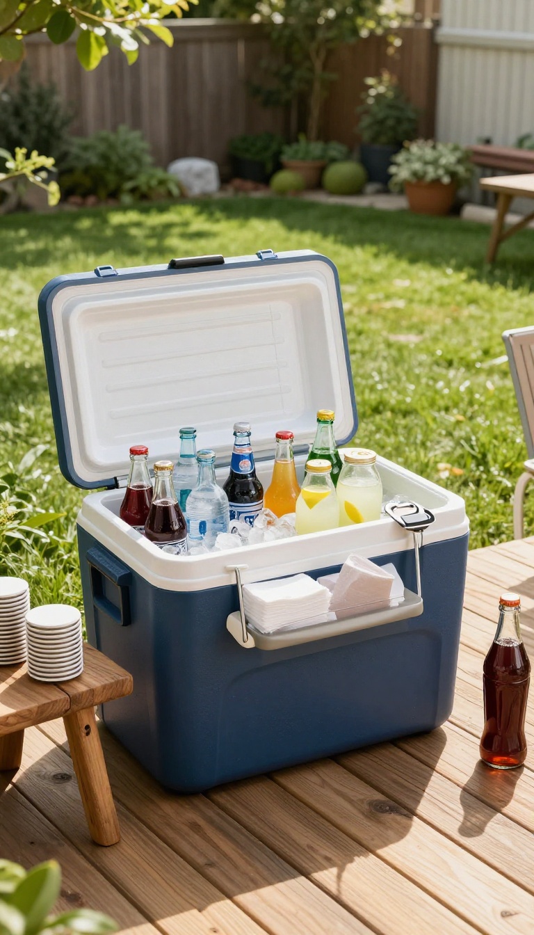 Backyard cooler filled with ice and drinks set up as a self-serve drink station beside a small table with cups and napkins