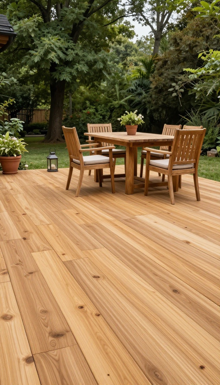 Rustic stamped concrete patio with wood plank texture in warm honey tone, featuring outdoor furniture and natural surroundings.