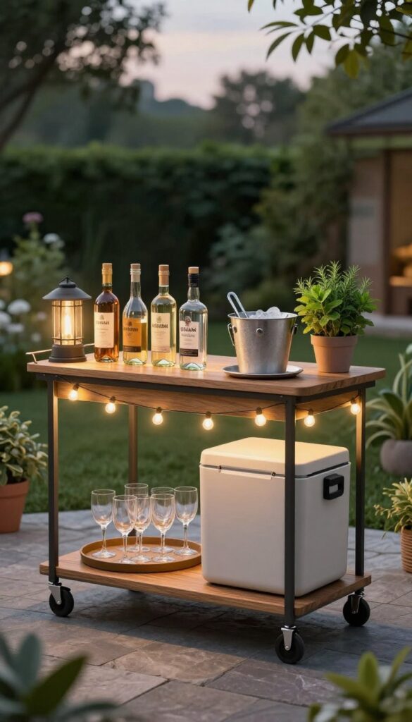Outdoor patio beverage station with bar cart, drinks, and string lights