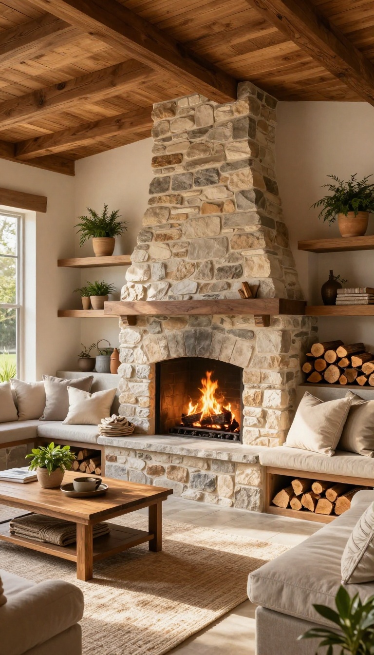 Covered patio with a stone fireplace, built-in seating, and storage cubbies for firewood and blankets.