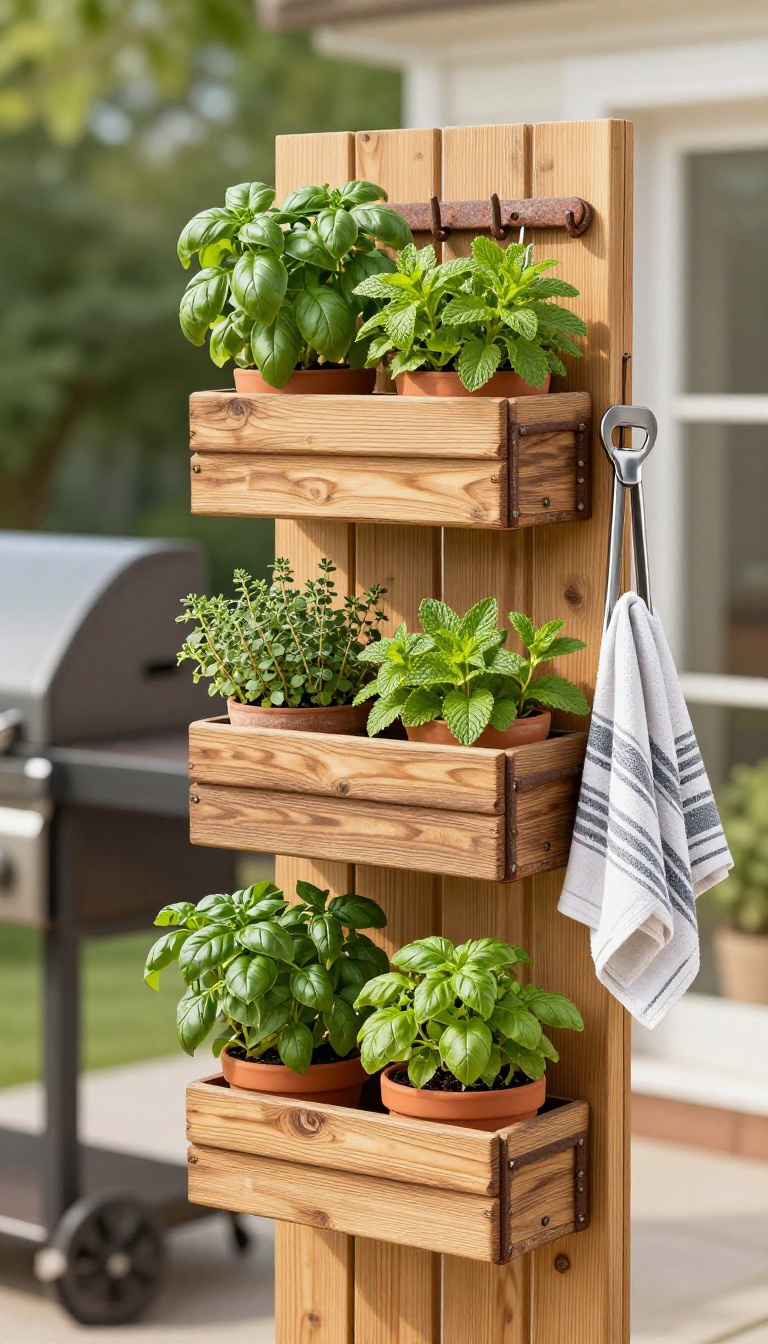Vertical herb and tool wall with mounted planters and hooks beside a backyard grill station