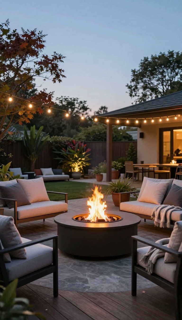 Cozy backyard patio with a fire pit, comfortable seating, and warm lighting on a cool evening.