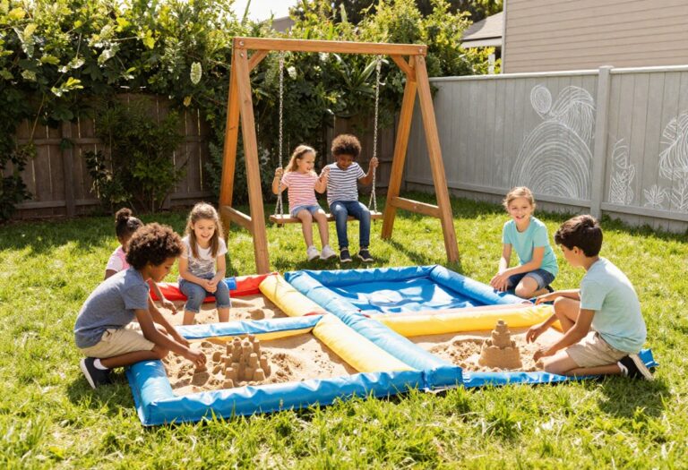 Kids playing in a backyard with a swing set, obstacle course, and sandbox on a sunny day.