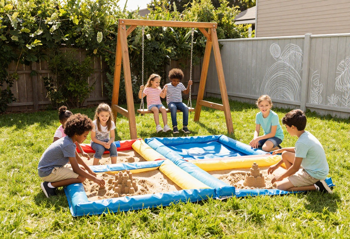 Kids playing in a backyard with a swing set, obstacle course, and sandbox on a sunny day.