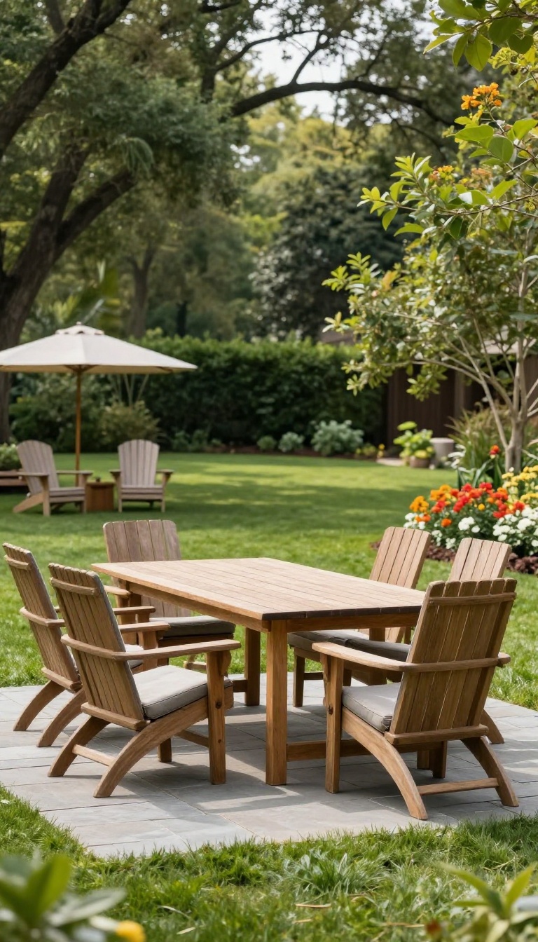 Large backyard with a mix of seating options including a dining table, lounge chairs, a garden bench, and Adirondack chairs under a tree