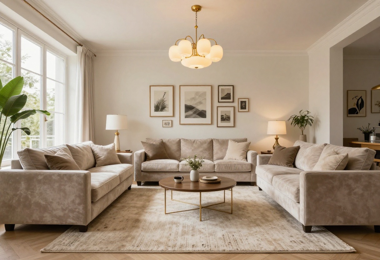 Luxurious cozy living room with velvet sofa, layered lighting, and gallery wall.