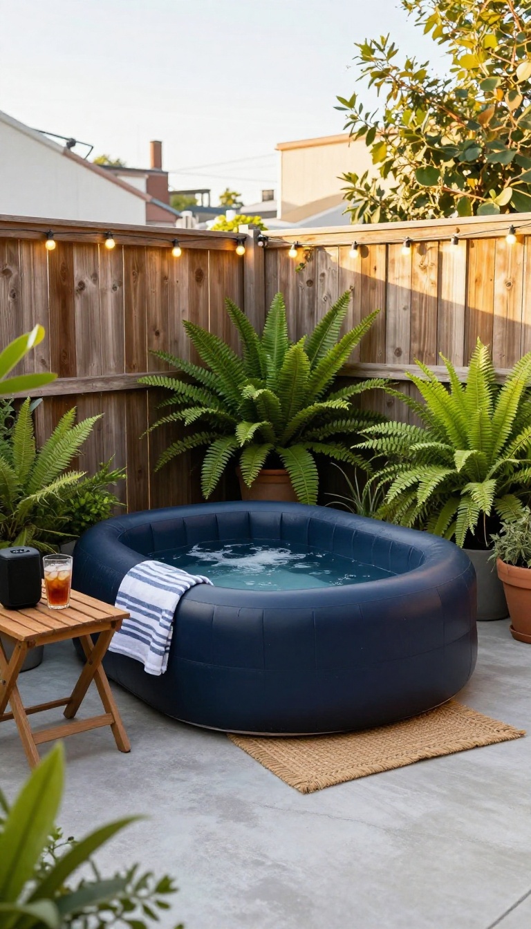 Inflatable hot tub styled on a small backyard patio corner with plants, string lights, and a side table for a cozy evening retreat.