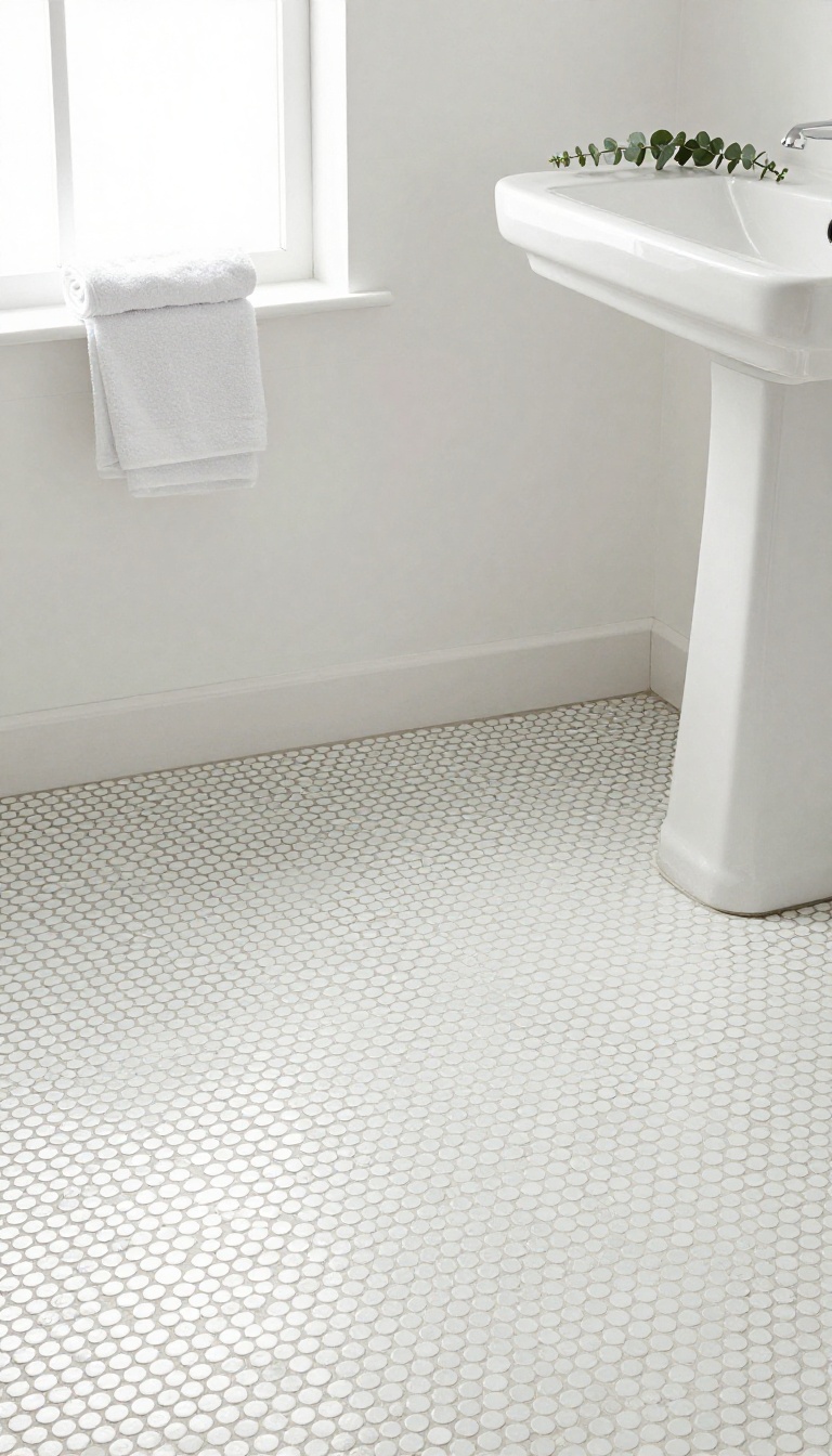 Small bathroom floor with white penny round mosaic tiles wrapping seamlessly around a pedestal sink in bright natural light