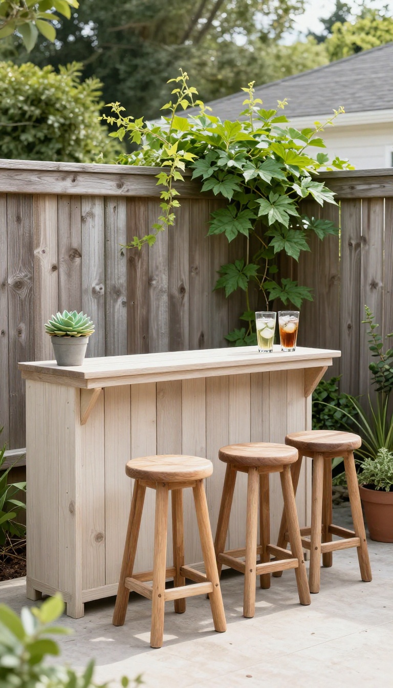 Fold-down wall-mounted bar counter on a backyard fence with stools and drinks in a small yard