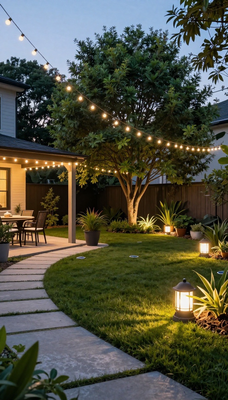 Small backyard patio at dusk with warm string lights overhead, solar path lights, and accent lighting on plants creating cozy layered ambiance