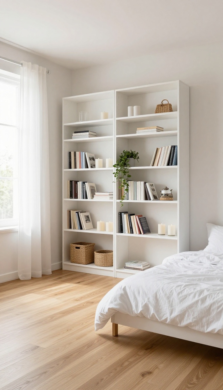 Small bright bedroom with tall narrow wall-mounted shelves holding books, candles, and bins to keep the floor clear and make the room feel taller