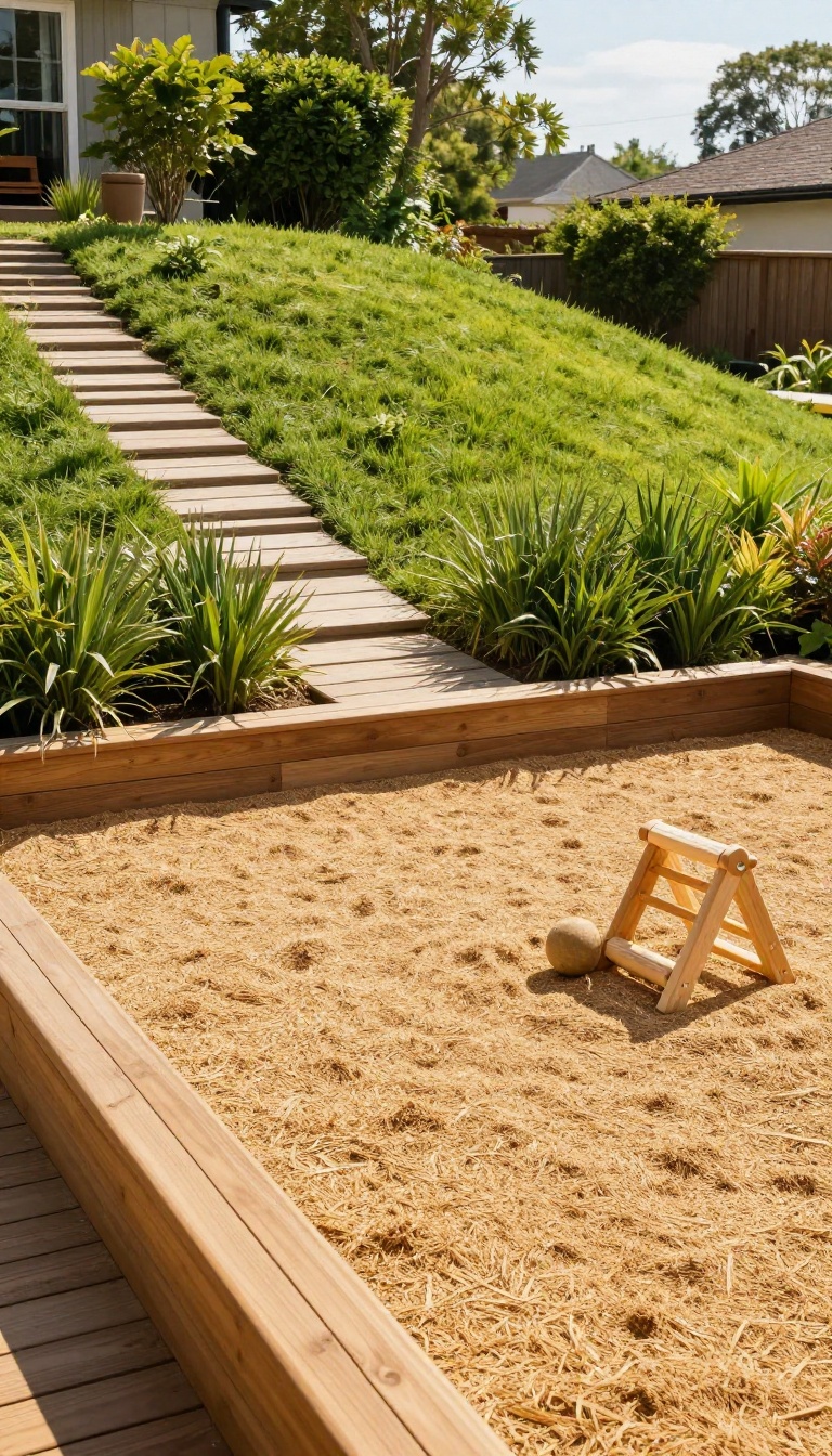 Leveled play area with rubber mulch surfacing and low seat wall built into a sloped backyard hillside