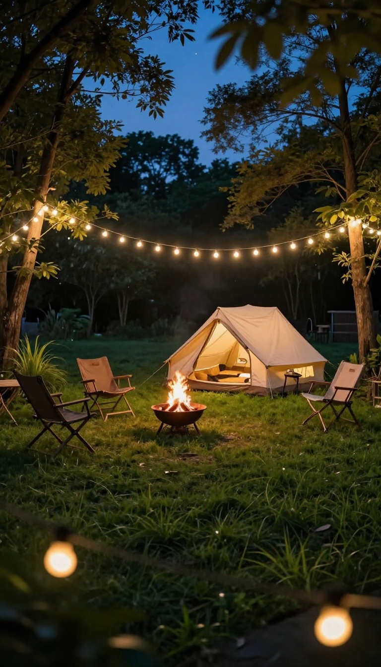 Backyard campsite at dusk with warm string lights hanging overhead above a glowing tent and fire pit