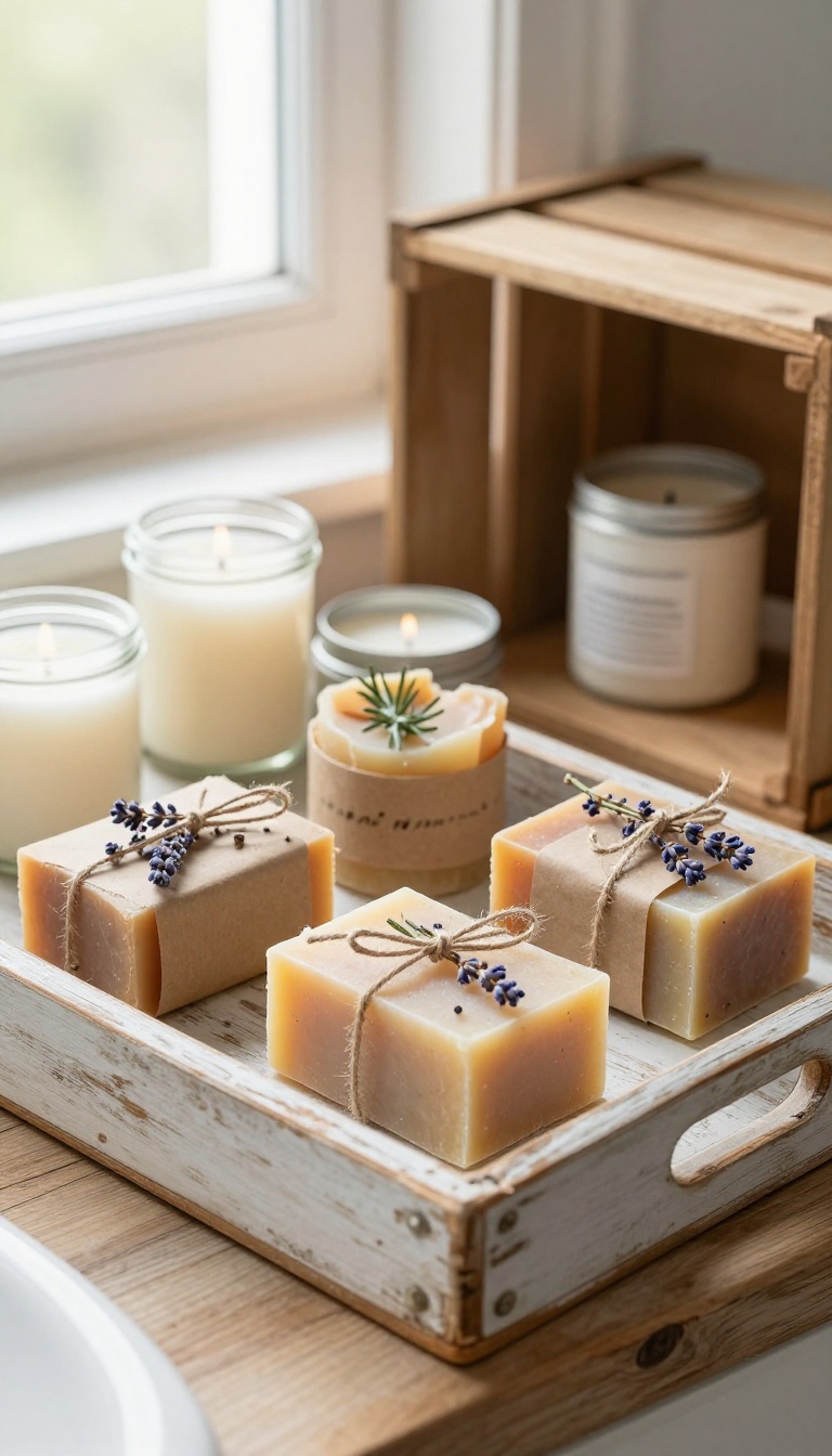 Handmade rustic soaps and candles displayed on a vintage wooden tray in a bright bathroom