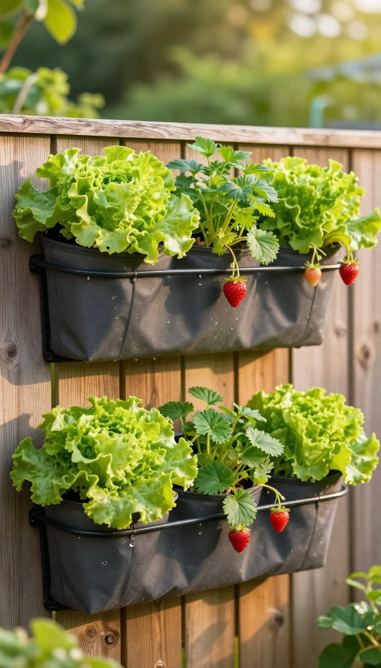 Vertical salad wall with pocket planters full of lettuce, herbs, and strawberries mounted on a sunny backyard fence