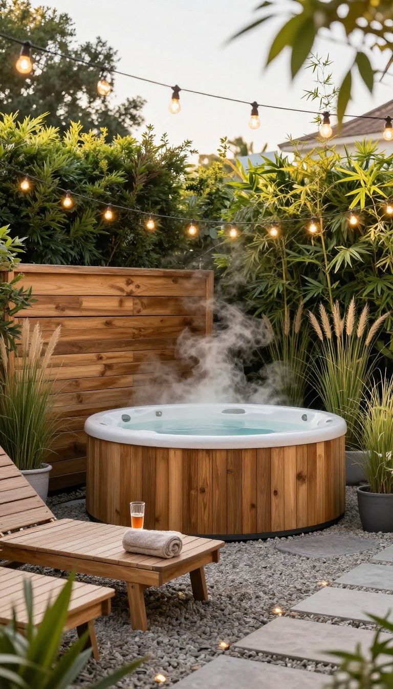 Private backyard spa retreat with a steaming cedar hot tub, loungers, and soft string lights behind a wood privacy screen