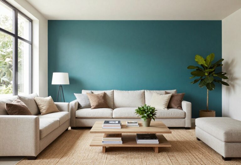 Living room with a teal accent wall behind a sofa, styled with pillows and a rug.