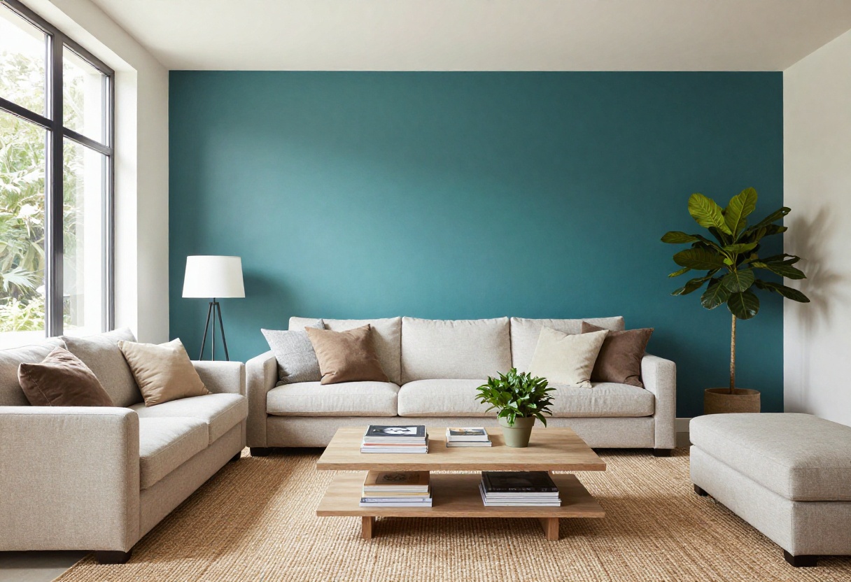 Living room with a teal accent wall behind a sofa, styled with pillows and a rug.