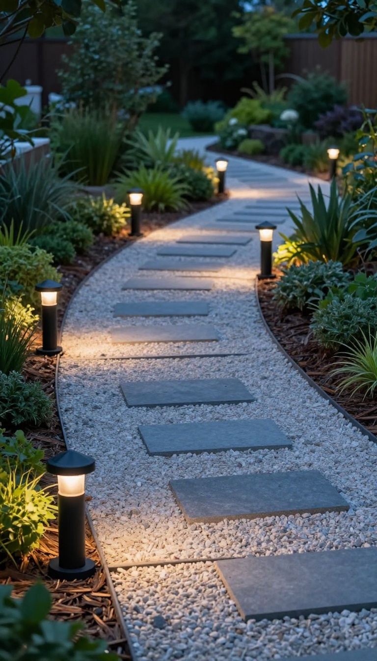 Modern matte black solar path lights glowing warm amber along a curved gravel backyard walkway at dusk