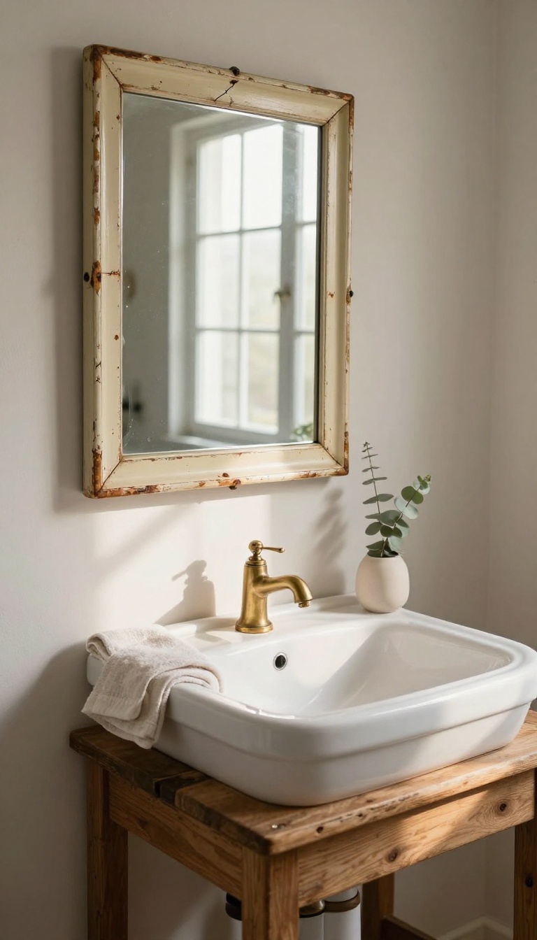 Antique mirror with a distressed wood frame hanging above a sink in a small rustic bathroom filled with bright natural light