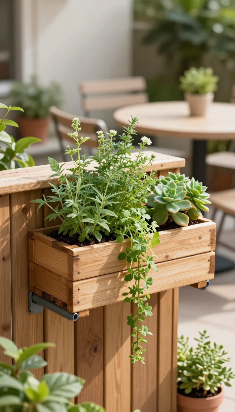 Vertical garden made of pallets and gutters on a small patio with herbs and flowers.