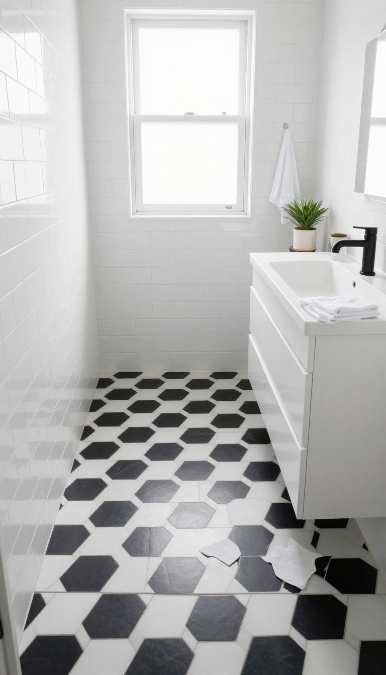 Small modern bathroom with black and white geometric hexagon peel and stick floor tiles and a simple white vanity