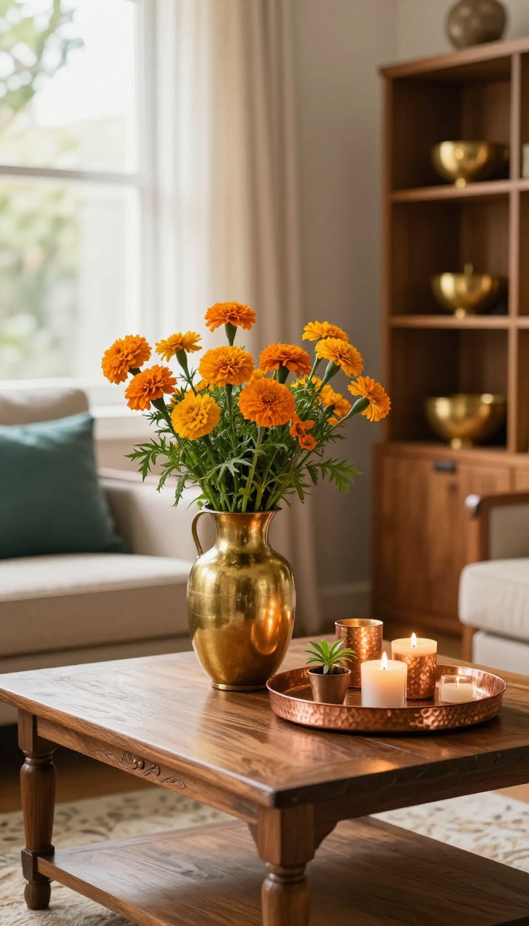 Indian living room styled with polished brass vase, hammered copper tray, and brass decor accents on wooden shelves in bright natural light