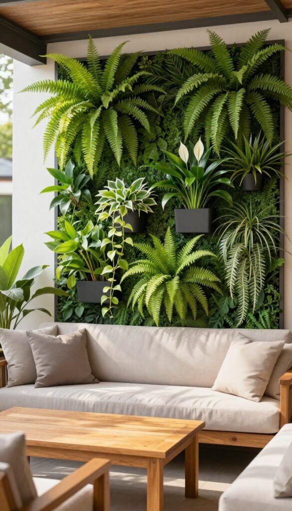 Cozy covered patio with a lush vertical garden wall featuring ferns and pothos, surrounded by comfortable outdoor furniture.