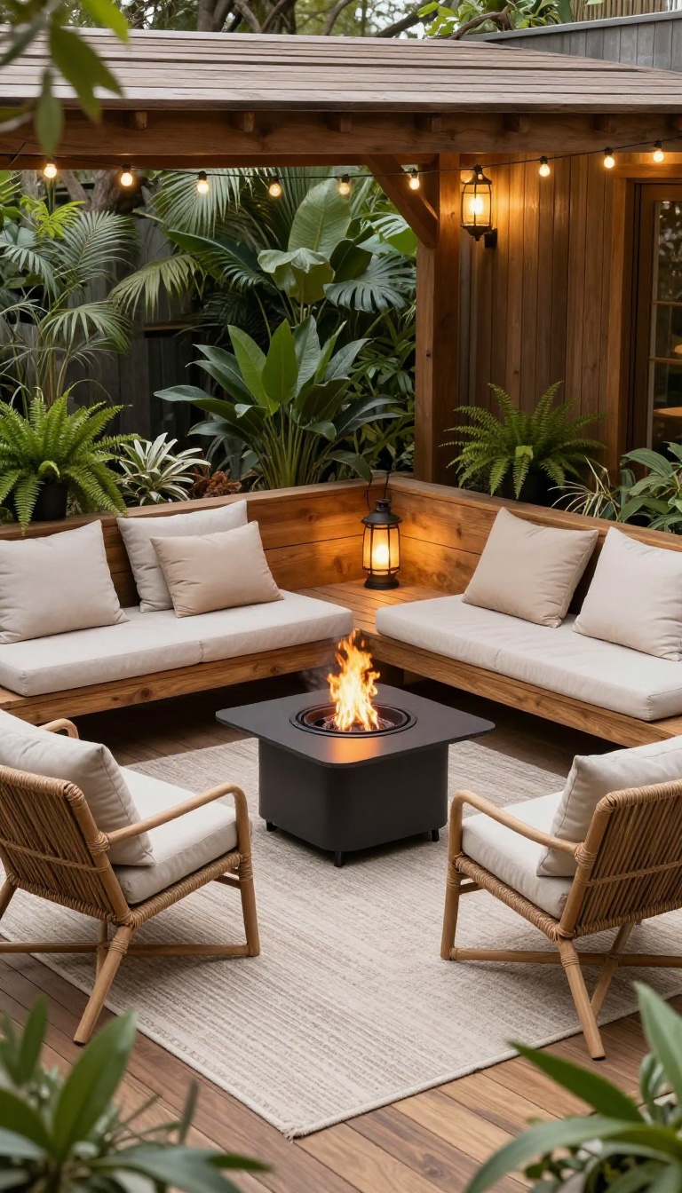 Cozy outdoor lounge under a deck with a fire pit and comfortable seating
