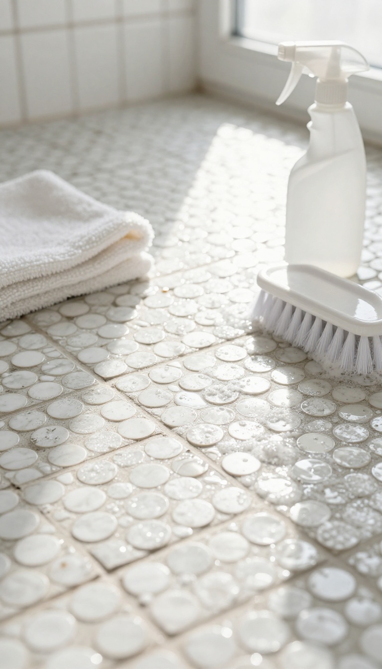 Bright bathroom scene with a clean vintage penny tile floor, a soft cleaning brush, spray bottle, and microfiber cloth in natural light