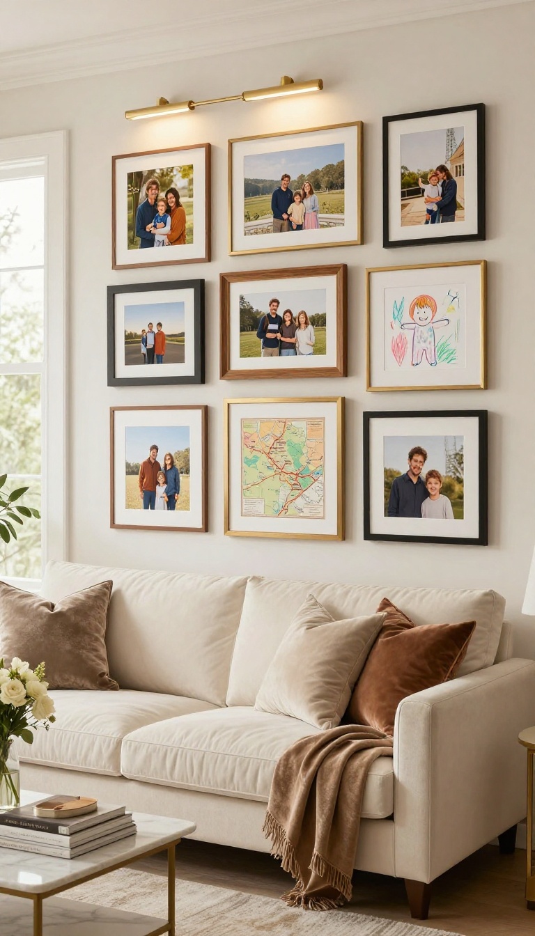 Luxury living room gallery wall with mixed framed photos, art, and meaningful keepsakes lit by warm picture lights above a cream sofa