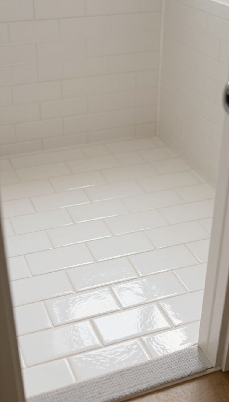 Bright bathroom floor with glossy white peel-and-stick subway tiles in a classic brick pattern