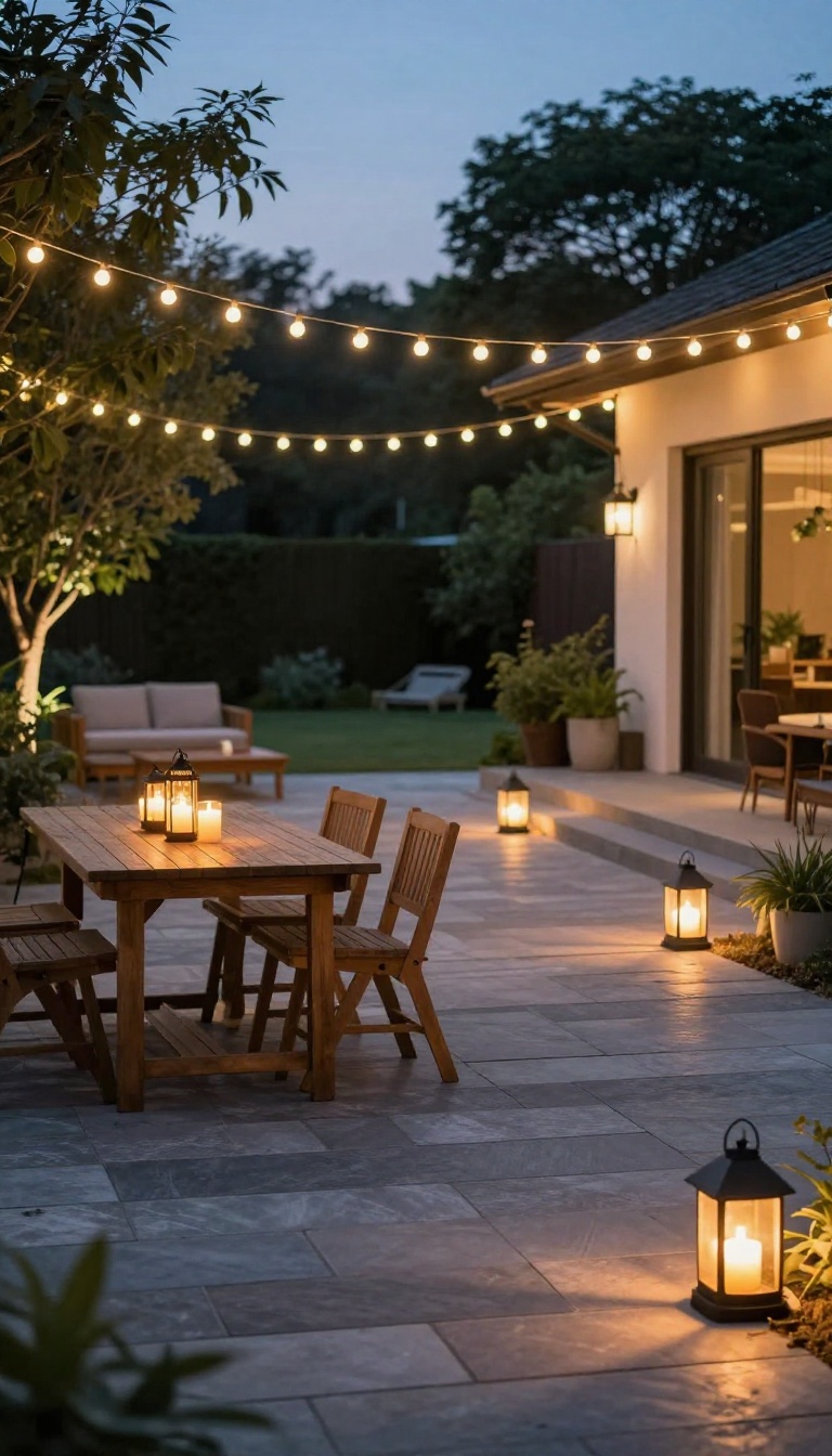 Backyard patio at dusk with layered warm string lights, lanterns on a dining table, and solar path lights along a walkway