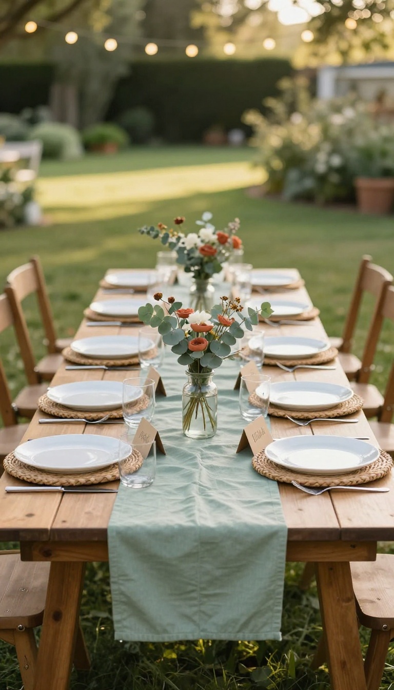 Backyard engagement party table with sage green runner, rattan chargers, white plates, kraft paper place cards, and wildflowers in glass jars