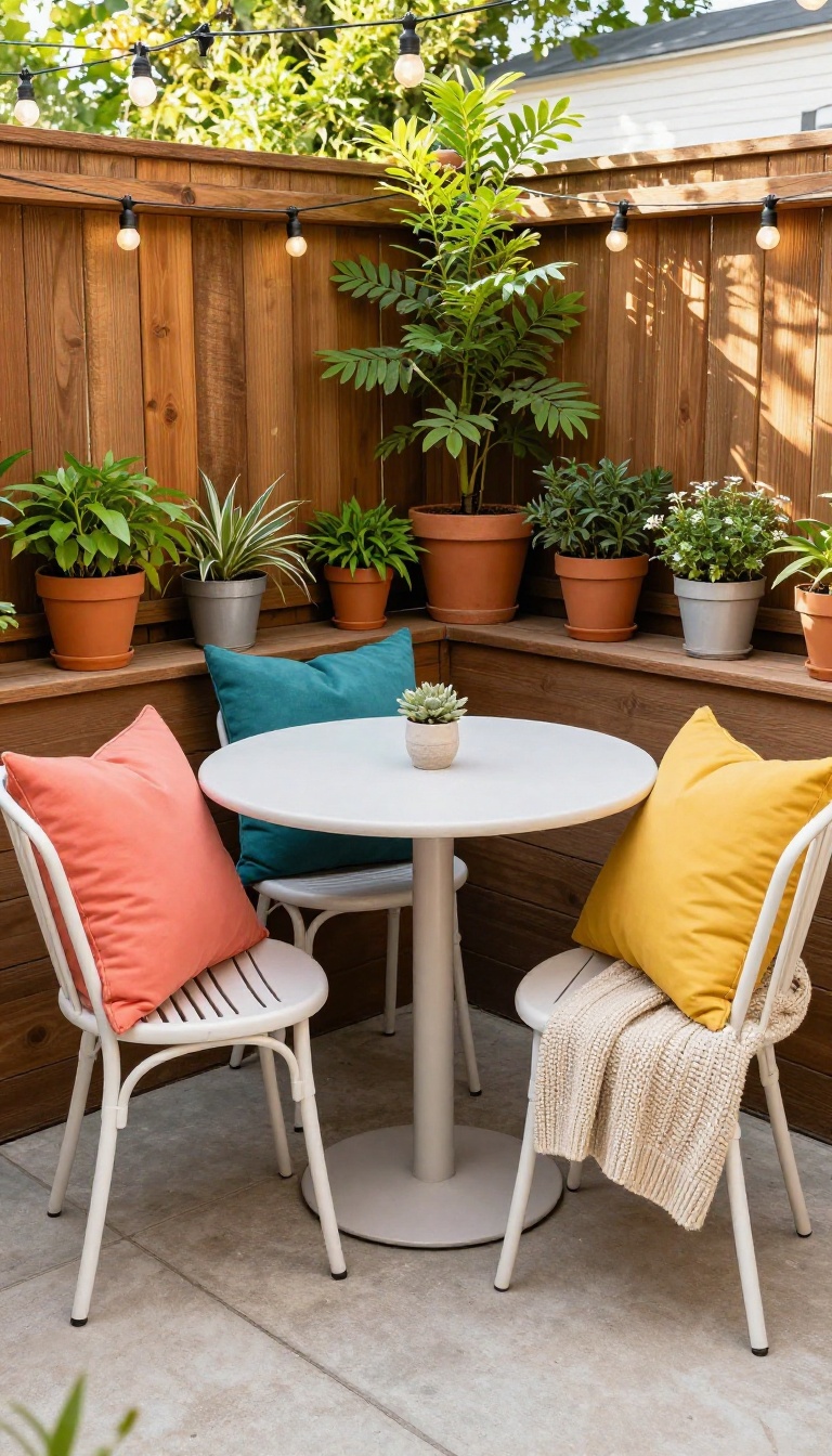 Small patio seating area with colorful pillows and a throw blanket, surrounded by plants and warm lighting
