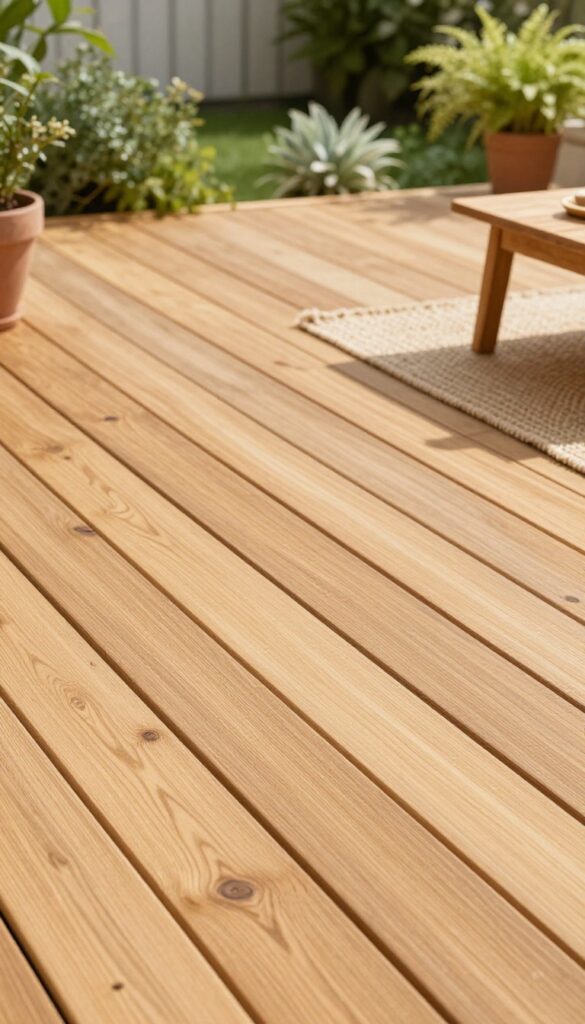 Outdoor patio with wooden deck tiles, potted plants, and a side table in bright natural light