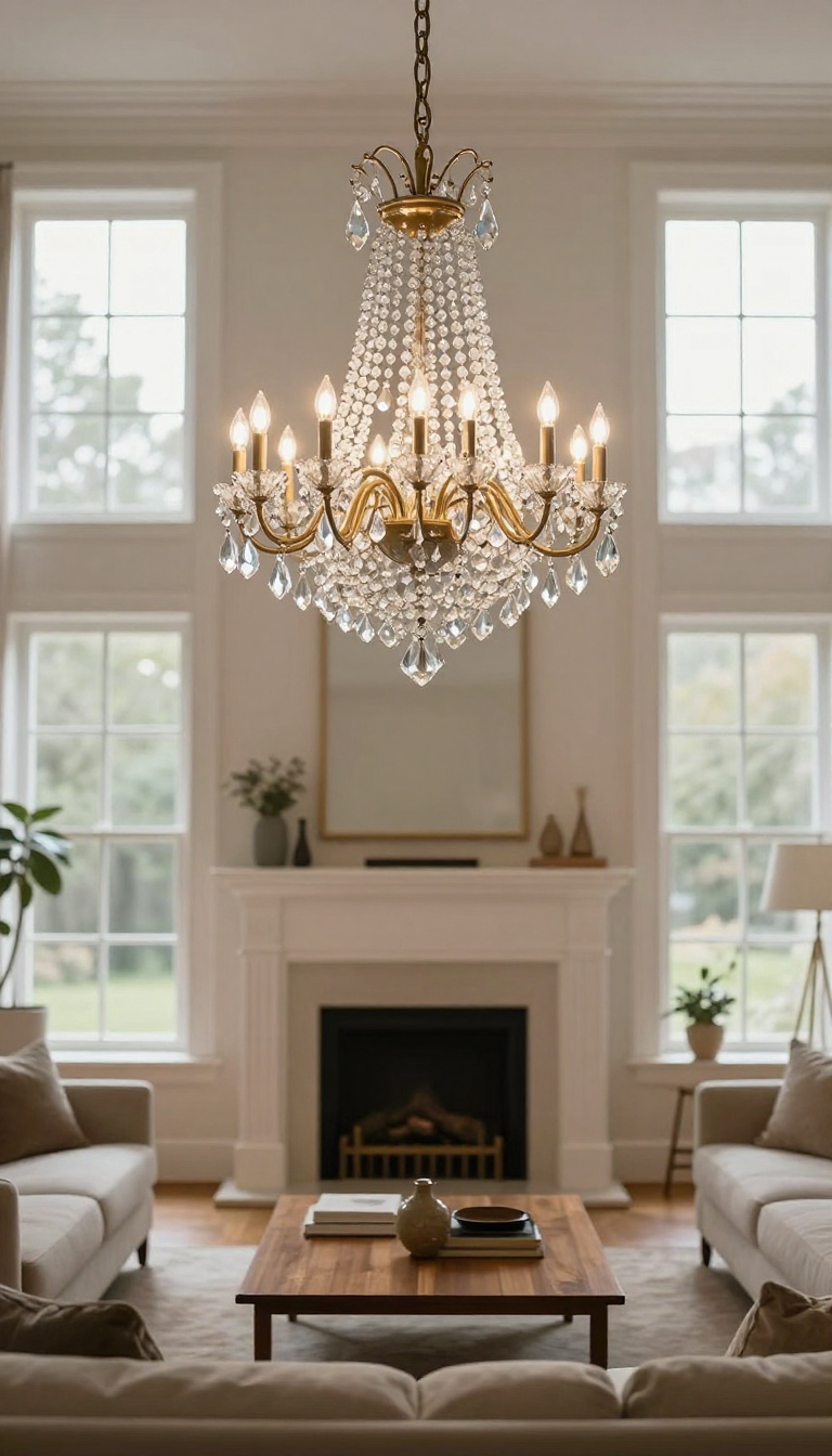 Vintage crystal chandelier hanging above a classic living room with warm wood tones and a fireplace