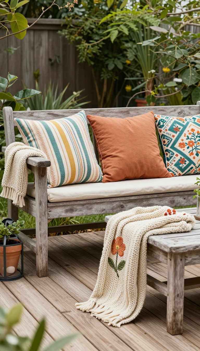 A cozy patio seating area with colorful cushions and throws on old furniture, styled with plants and a lantern.