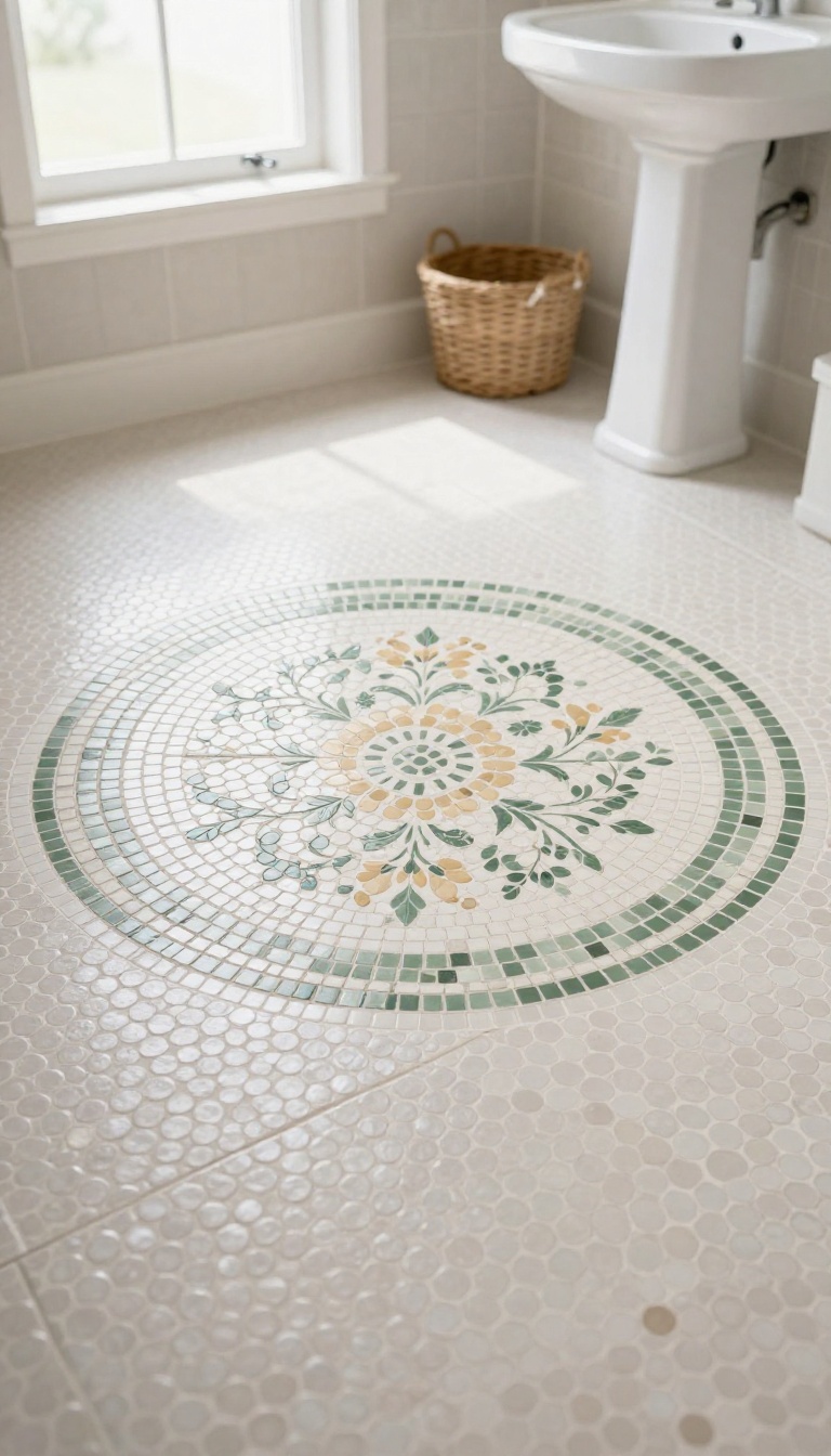 Circular penny tile mosaic medallion in a floral pattern set into a neutral penny tile bathroom floor, lit by bright natural light