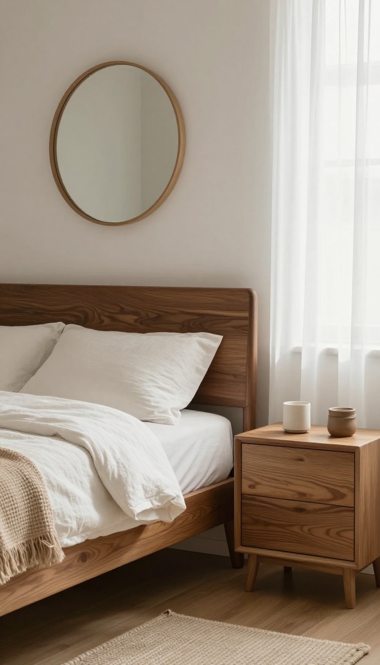 Elegant bedroom with a light oak nightstand beside a dark walnut bed frame, layered linen bedding, and a woven bench in bright natural light
