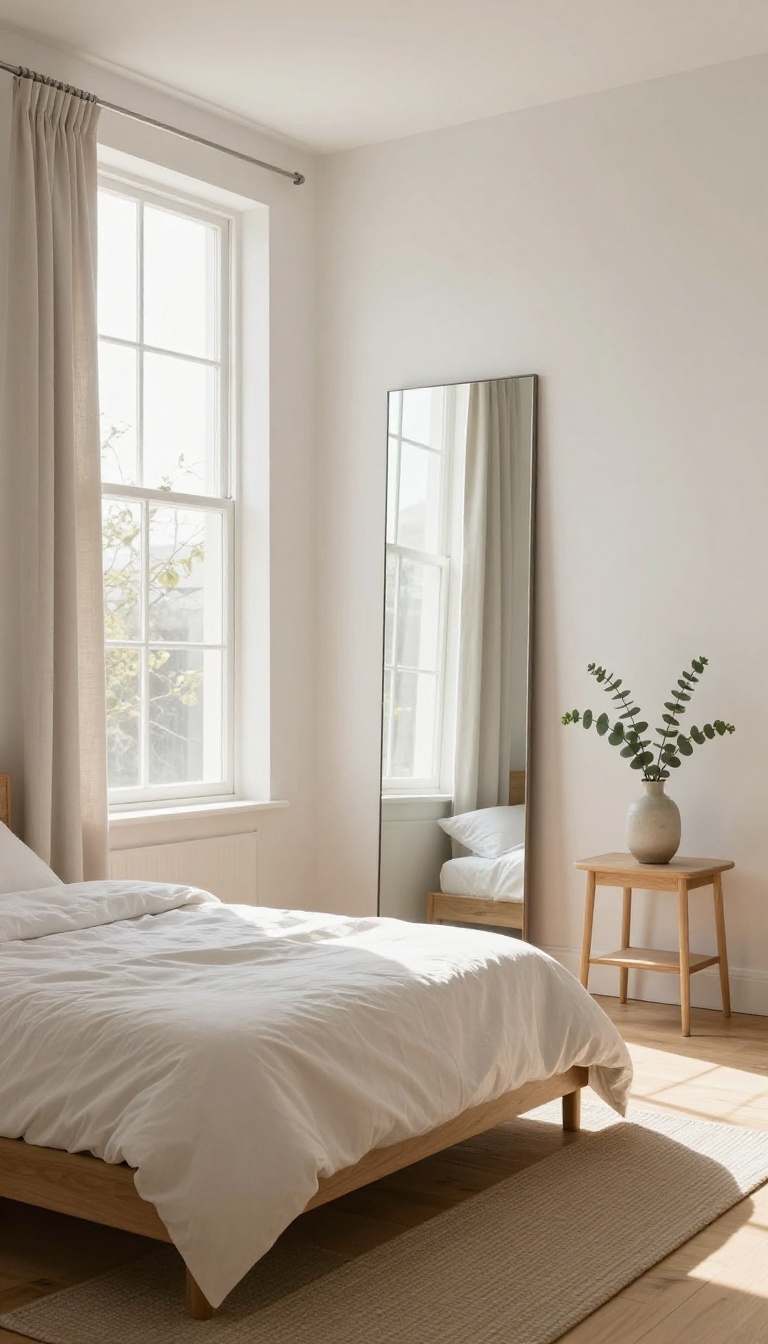 Small bright bedroom with a large mirror opposite a sunlit window reflecting daylight and making the space feel open and refined