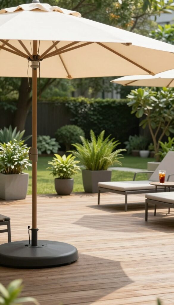 A tilt-and-rotate patio umbrella angled to provide shade over a lounge chair on a sunny patio.