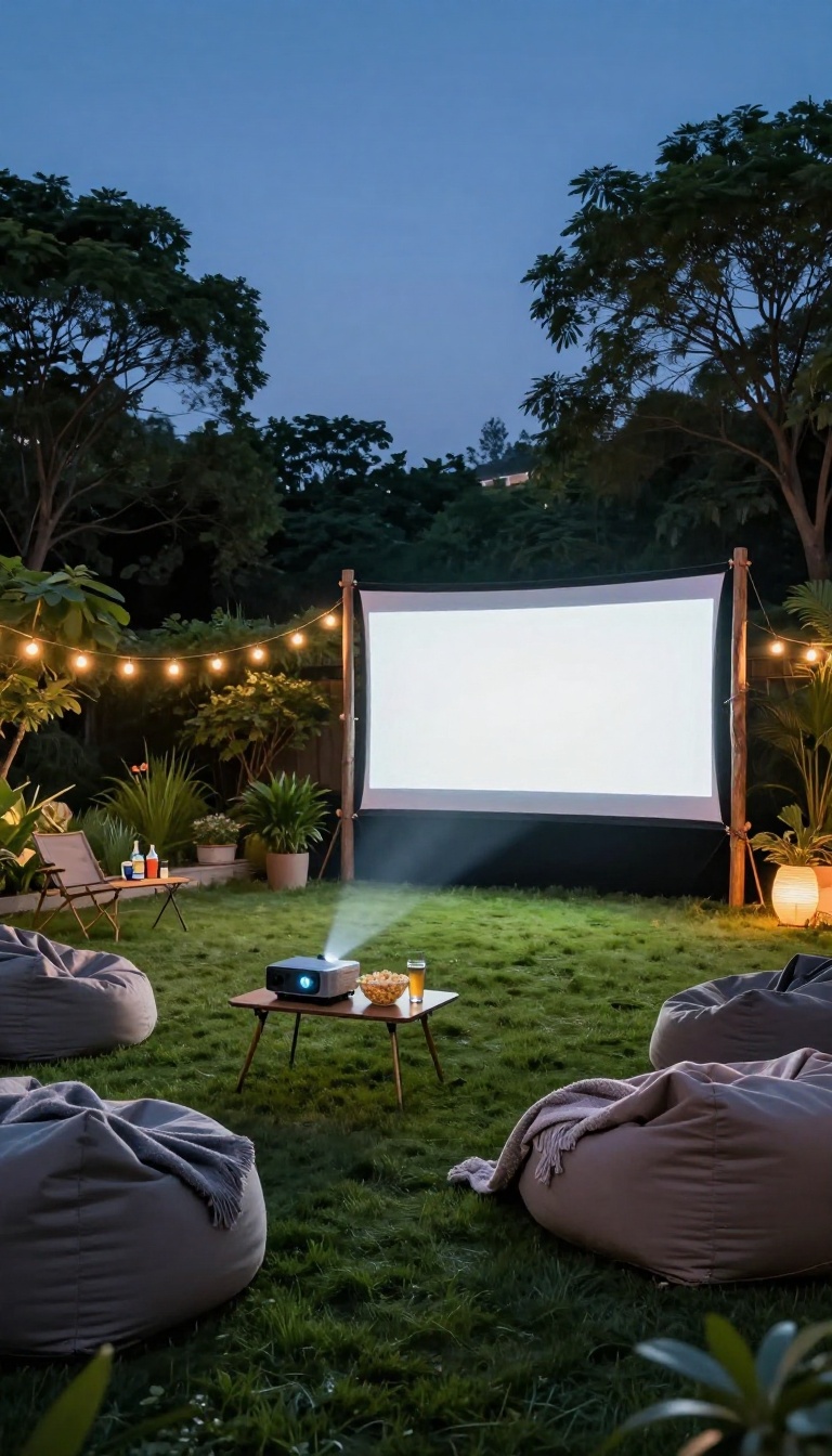 Backyard outdoor movie zone at dusk with a projection screen, low seating, blankets, and warm string lights